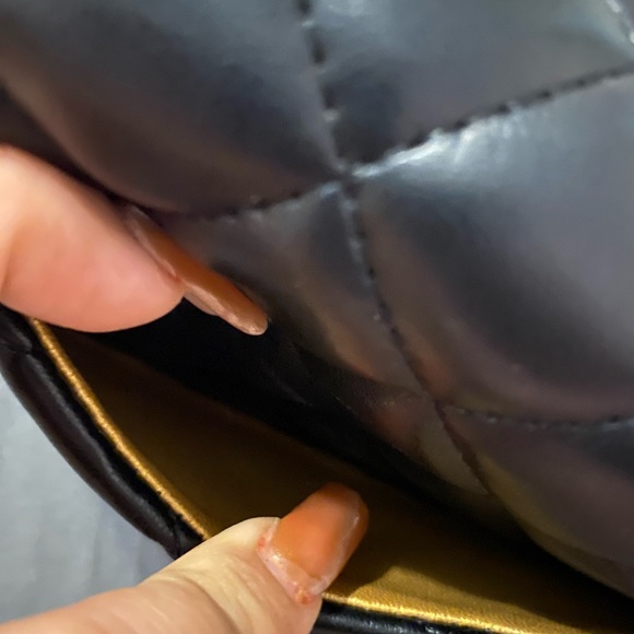 Fashion Elegant Black Quilted Pearl Crush Mini Crossbody with Gold Mono Accents - Picture 12 of 14